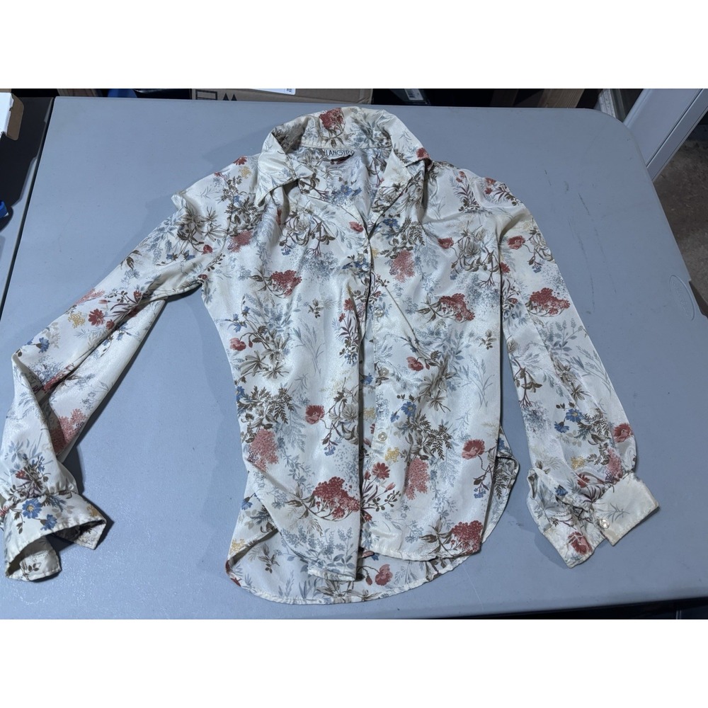 VTG‎ 70s LANGTRY Shirt WOMENS S Floral MCM Print Nylon Disco Kitsch